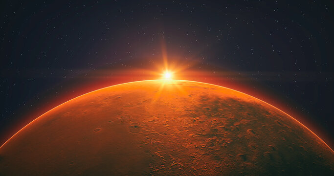 View of the planet Mars from space during a sunrise. 3d illustration
