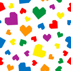 Seamless pattern with hearts in colors of LGBT flag. Pixel illustration. Colorful rainbow vector symbol of gay, lesbian, transgender love on a white background. Pride month concept