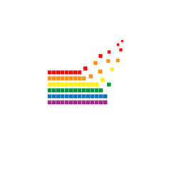 Pixel flag with flying pixels on an edge in colors of LGBT flag. Colorful rainbow vector symbol of gay, lesbian, transgender love. Pride month concept.