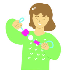 Little girl playing with wooden necklace. Exercise for the development of fine motor skills in children. Kindergarten concept.  Hand drawn illustration.