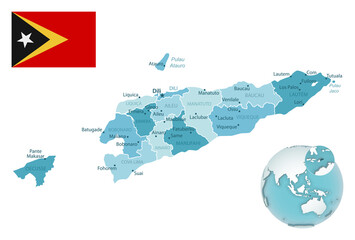 East Timor administrative blue-green map with country flag and location on a globe.
