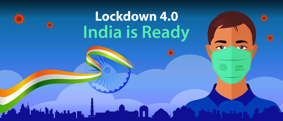 India Extended lockdown to fight with Covid-19 pandemic. Lockdown 3.0 background with corona warrior with protective mask. Stay home stay safe india graphic for website and social media blog post.