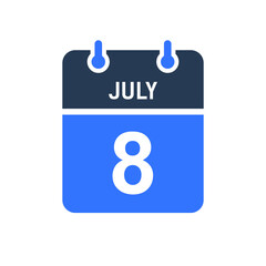 July 8 Calendar Date Icon, Event Date Icon, Calendar Date, Icon Design Vector Graphic