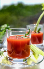 Two glasses of tomato juice with parsley and celery decorations, stand near the window, morning sunlight shines, shallow depth of field, selective focus. Natural drinks concept.