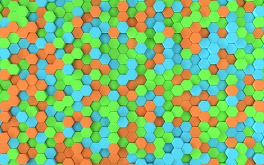 field of multi-colored hexagons 3d render