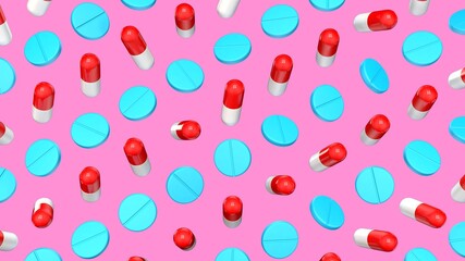 pattern of tablets and pills on a pink background pink  3d render