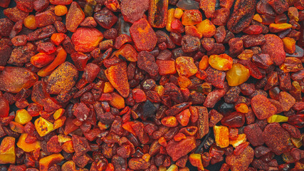 Amber stones natural background pattern, flat lay