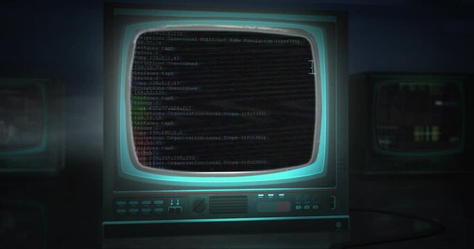 Glitch lines of hacker code on screens in the dark smoky room. Digital animation of modern technology, internet, code, data.