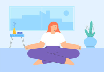 Obraz premium Young woman with closed eyes sitting cross legged on floor and meditating. Meditation, relaxation at home, spiritual practice, yoga and breathing exercise. Flat cartoon colorful vector illustration.