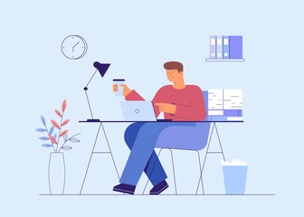 Man working at the office illustration. A freelancer man works behind a laptop. Home office workplace. Work at home or freelance. Vector illustration in a flat style.