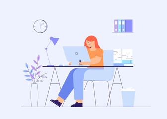 Woman using computer flat vector illustration. Working from home, remote job. Online shopping. Freelance, e-learning concept. Girl studying. Freelancer, student cartoon character.