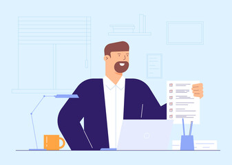 Business man filled form illustration concept. Business man entrepreneur in a suit working on a laptop computer at his clean and sleek office desk. Flat style color modern vector illustration.