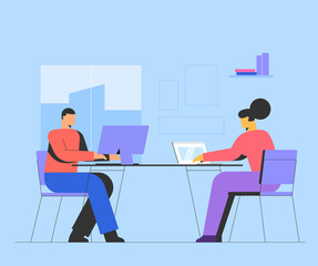 Fototapeta na wymiar On the office concept illustration. Group of office workers sitting at desks and communicating or talking to each other. Flat cartoon colorful vector illustration.