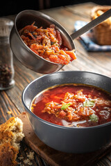 Tomato soup with vegetables and meat is poured into a bowl from a ladle, tasty, appetizing traditional Ukrainian borsch, close-up, shallow depth of field, selective focus. Healthy Organic Homemade