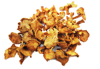 Dried chanterelles close-up on white background, isolated.