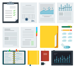 Collection documents, stationeries and laptop vector illustration in flat design.