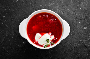 Borsch.Sup of beet and vegetables. Ukrainian traditional food. Top view. Free space for your text.