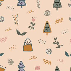 Trendiges nahtloses skandinavisches Muster. Stoffdesign mit einfachen Mustern - Berge, Fichte, Blumen. Vektor niedliches Wiederholungsmuster für Stoff, Tapete oder Packpapier.
