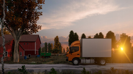 Box Truck near a Farmhouse During Sunrise 3D Rendering