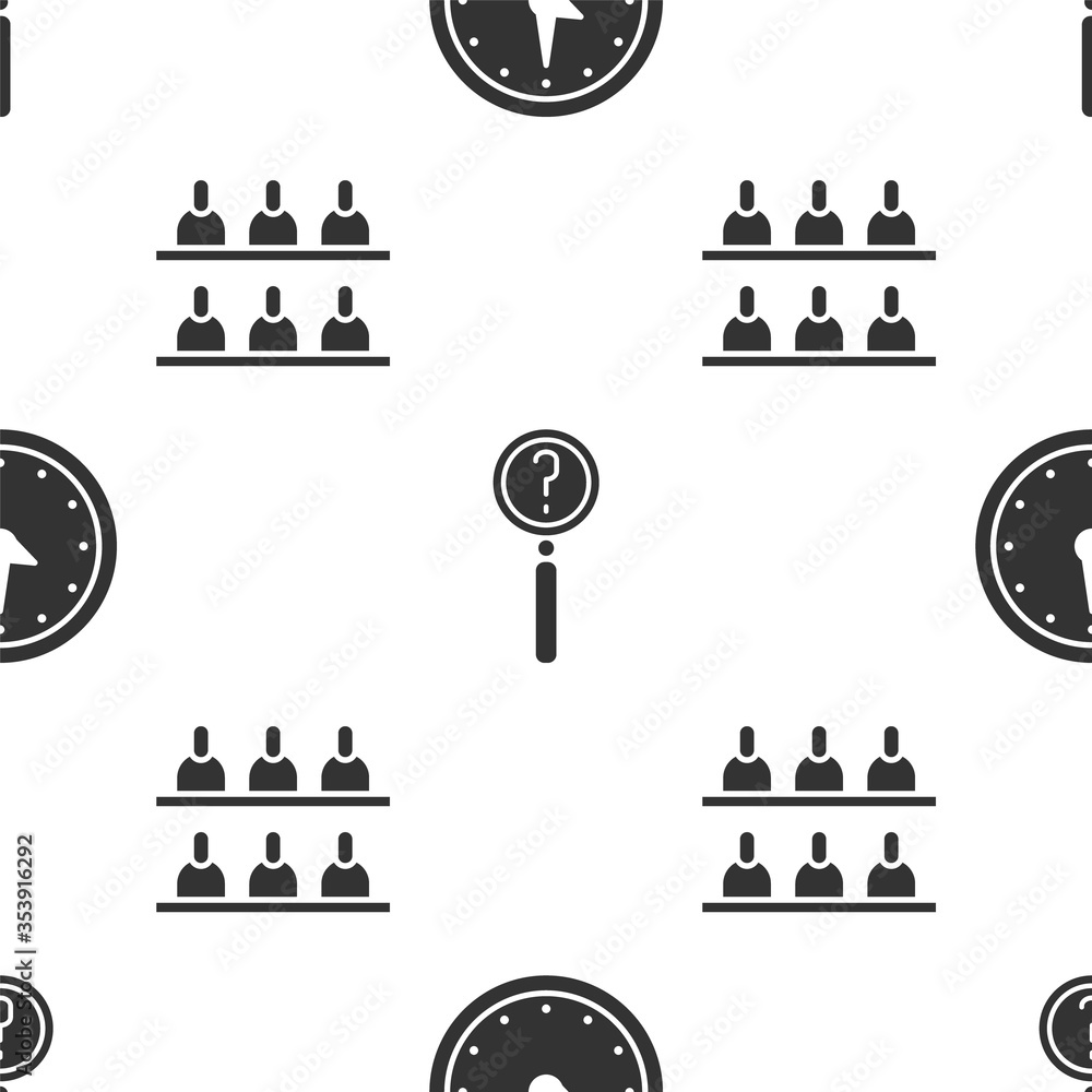 Poster set clock, magnifying glass with search and jurors on seamless pattern. vector.
