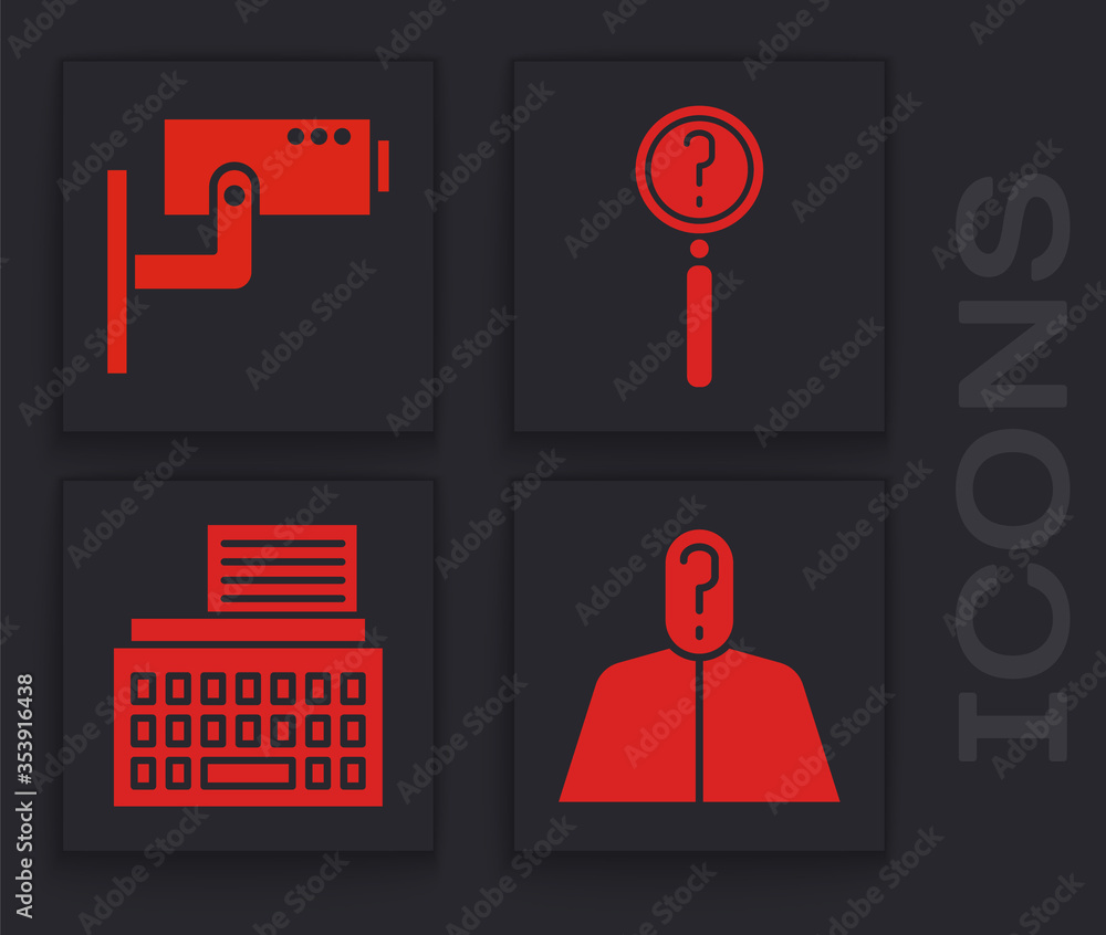 Poster set anonymous with question mark, security camera, magnifying glass with search and retro typewriter