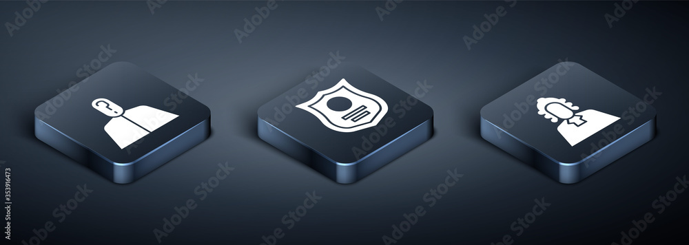 Poster set isometric anonymous with question mark, judge and police badge icon. vector.