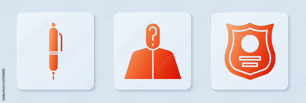 Poster set anonymous with question mark, pen and police badge. white square button. vector.