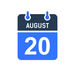 August 20 Calendar Date Icon, Event Date Icon, Calendar Date, Icon Design Vector Graphic