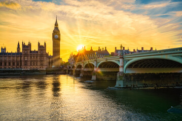 Fototapeta na wymiar Big Ben with sunset flare in London. England