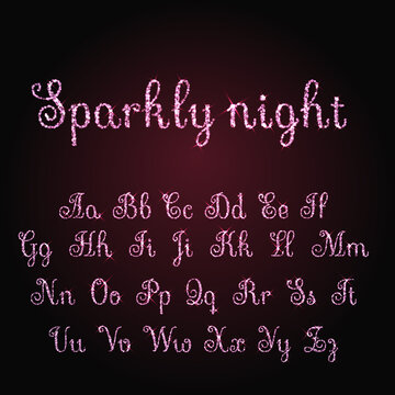 Vector Shining Luxury Beautiful Calligraphic Pink, Red And Purple Alphabet Font Set Of Glittering Sparkles. Sparkle, Glitter, Rhinestone Alphabet Letters. Glitter Font. Vector Illustration. EPS 10