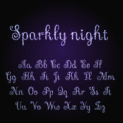 Vector shining luxury beautiful calligraphic purple alphabet font set of glittering sparkles. Vector illustration. EPS 10