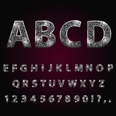 Silver metallic shiny alphabet. Sparkle, glitter, rhinestone alphabet letters numbers and signs currency