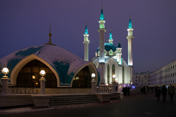 KAZAN, RUSSIA - JANUARY 3 2020: Kul Sharif Mosque in the Kazan Kremlin on a cloudy winter evening