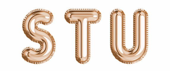 Gold foil balloon alphabet set letter S, T, U realistic 3d illustration metallic pink gold air balloon. Collection of balloon isolated ready to use in headlines, greeting, celebration vector eps © nikelser