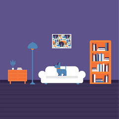 Evening home interior. Vector illustration. Cozy sofa, shelves with books and a dog.