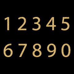Set of hand drawn numbers with golden glitter effect, figures isolated on black background. Vector illustration. eps 10