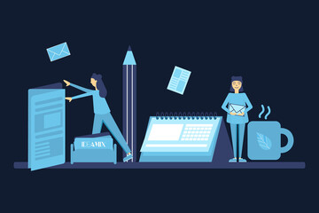 Fototapeta premium Office illustration. A desktop with an image of a calendar, printing and people.