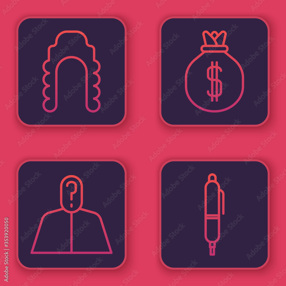 Poster set line judge wig, anonymous with question mark, money bag and pen. blue square button. vector.