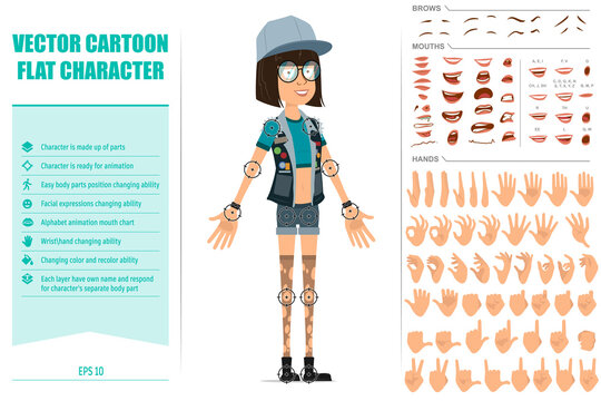 Cartoon flat funny hipster girl character in cap and jeans shorts. Ready for animation. Face expressions, eyes, brows, mouth and hands easy to edit. Isolated on white background. Big vector set.