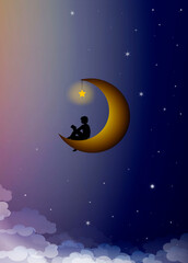 Obraz na płótnie Canvas Read and dream concept, boy silhouette sitting on the moon and reading the book, read and imagine creative idea,