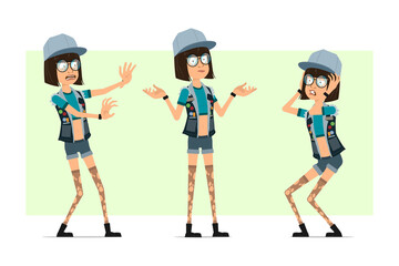 Cartoon flat hipster girl character in trucker cap, glasses and jeans shorts. Ready for animation. Girl scared, disappointed and showing misunderstanding. Isolated on olive background. Vector set.