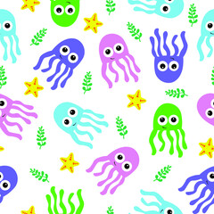 Fototapeta na wymiar pattern. colorful jellyfish, seaweed and starfish