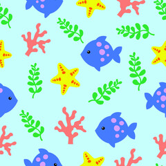 pattern. fish, algae, corals and starfish on a blue background. children's illustration
