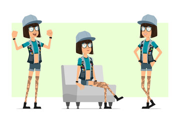 Cartoon flat hipster girl character in trucker cap, glasses and jeans shorts. Ready for animation. Girl resting on sofa, showing muscle and posing on photo. Isolated on olive background. Vector set.