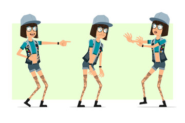Cartoon flat funny hipster girl character in trucker cap, glasses and jeans shorts. Ready for animation. Girl walking, laughing and showing stop gesture. Isolated on olive background. Vector set.