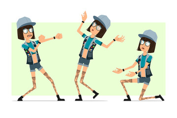 Cartoon flat hipster girl character in trucker cap, glasses and jeans shorts. Ready for animation. Girl fighting, standing on knee and falling unconscious. Isolated on olive background. Vector set.