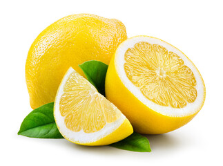 Lemon fruit with leaf isolate. Lemon whole, half, slice, leaves on white. Lemon slices with zest isolated. With clipping path. Full depth of field. - obrazy, fototapety, plakaty