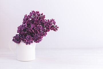 Romantic bouquet of a dark purple lilac in a jar on a white background.