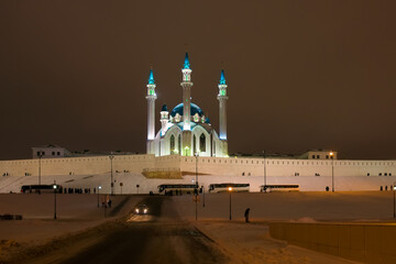 KAZAN, RUSSIA - JANUARY 3 2020: Kul Sharif Mosque in the Kazan Kremlin on a cloudy winter evening
