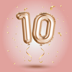 Elegant Pink Greeting celebration ten years birthday Anniversary number 10 foil gold balloon. Happy birthday, congratulations poster. Golden numbers with sparkling golden confetti. Vector